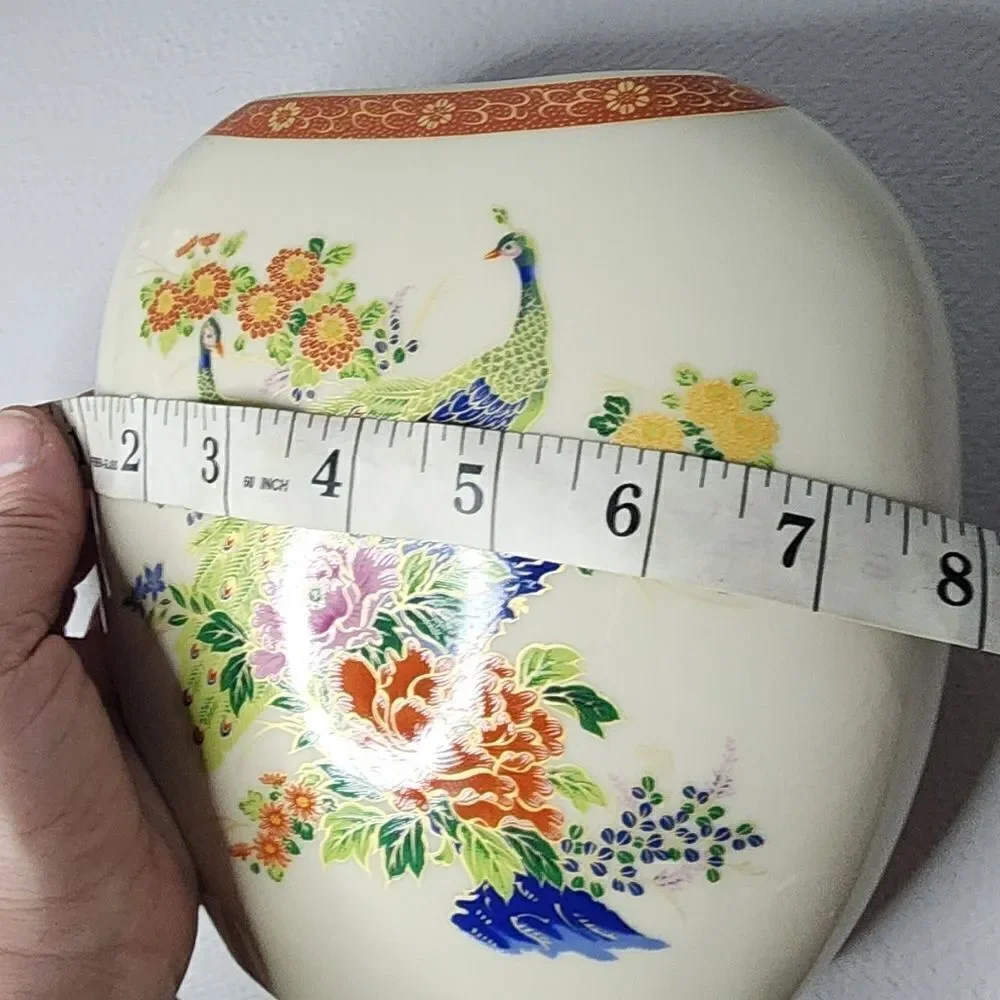 Japanese Cream Peacock & Floral Flat Oval Vase Made in Japan Satsuma